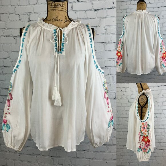 Solitaire Embroidered Cold Shoulder Tassel Ties Lantern Sleeve Top - Picture 1 of 1